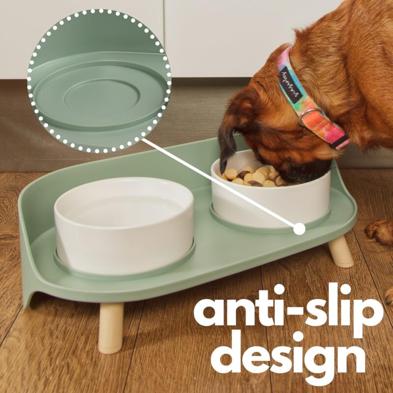 A4DOG Ceramic Dog Bowls with Stand - Elevated Dog Water and Food Bowl Set 13.5oz Cat & Dog Feeding Station Spill Proof Splash Proof Raised Pet Food Bowls for Dogs, No Mess Pet Feeder - Green - Image 7