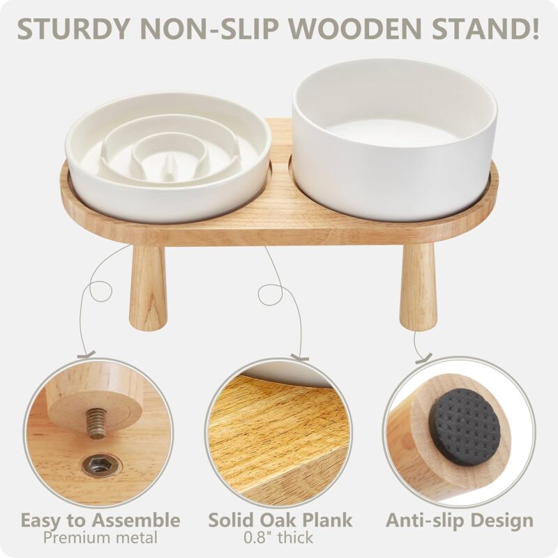 Ceramic Slow Feeder Dog Bowl and Water Bowl Set for Medium and Large Breed, Ceramic Dog Bowls Elevated with Wooden Stand, 2.0 Cups Dog Slow Feeder(30oz) and 70oz Water Bowl Set, White - Image 6