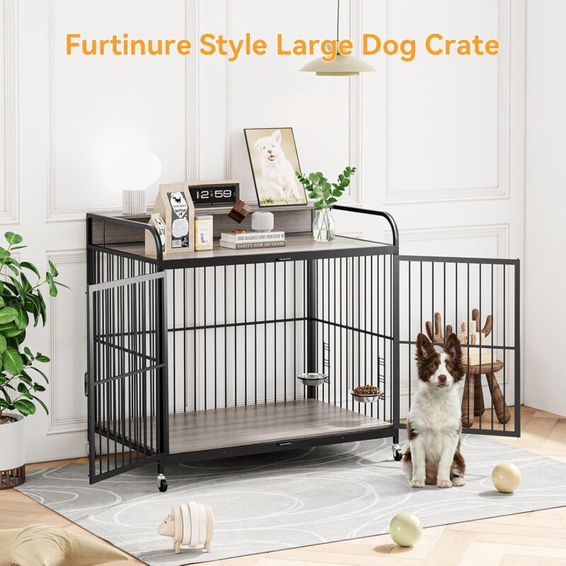 GAOMON Dog Crate Furniture, Dog Crate Indoor with Adjustable Height Bowls, Wooden Heavy Duty, 39.8 Inch Dog Kennel Furniture for Medium Dogs, 39.8" L X 22.5" W X 38.6" H,Grey - Image 3