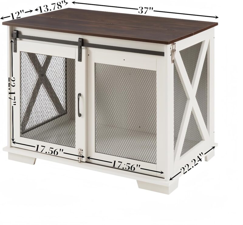 Farmhouse Dog Cage Crate Furniture with Sliding Barn Door, Wooden Dog Kennel End Table, Flip-Top Plate, Detachable Divider, Pet House for Small/Medium/Large Dogs (White) - Image 7