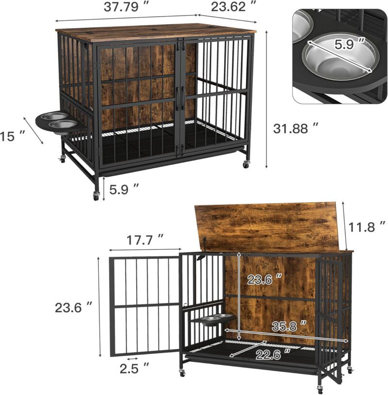 Heavy-Duty Dog Crate with Removable Tray, Double Door, Sliding Tray, 360° Rotating Wheels - Image 2