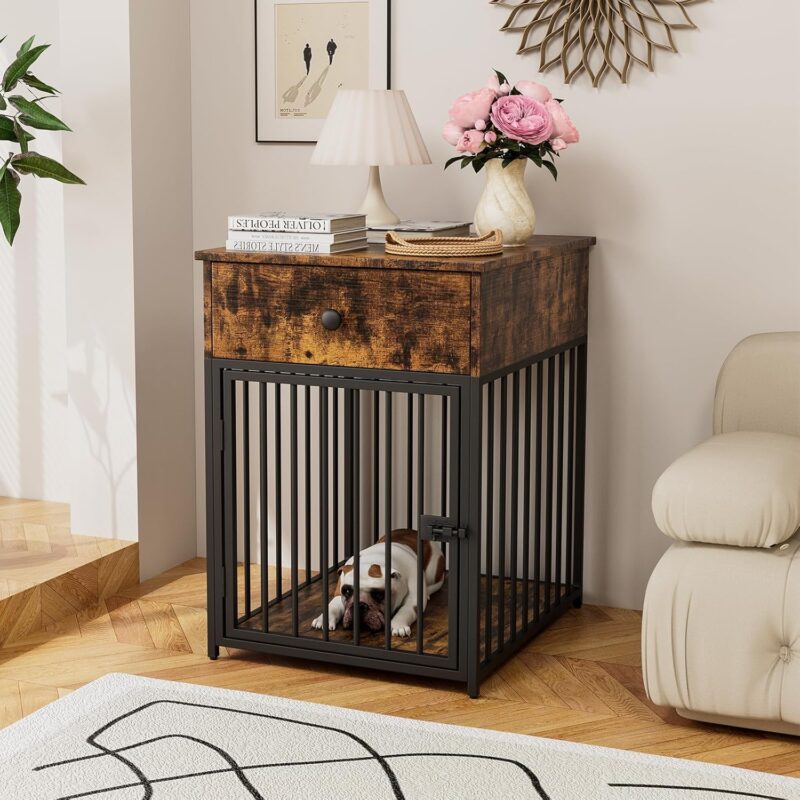 Dog Crate Furniture, Wooden Dog Crate End Table with Storage Drawer, Dog Kennel Indoor for Small Dog, Decorative Dog Crate Pet House (Brown) - Image 6