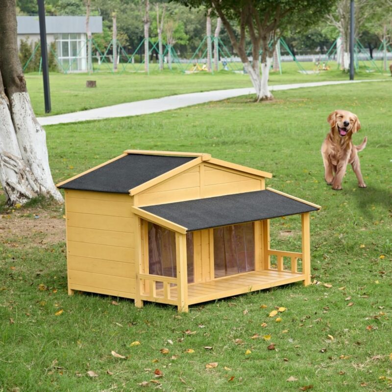 Wooden Dog House with Porch, Log Cabin Style, Outdoor & Indoor Waterproof Dog Shelter, Elevated Floor, Double Door Kennel with Windproof Curtains, Pine Wood Construction, Customizable Space (Natural)