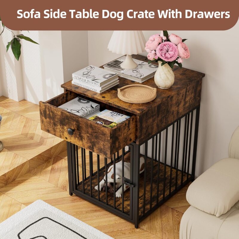 Dog Crate Furniture, Wooden Dog Crate End Table with Storage Drawer, Dog Kennel Indoor for Small Dog, Decorative Dog Crate Pet House (Brown) - Image 4