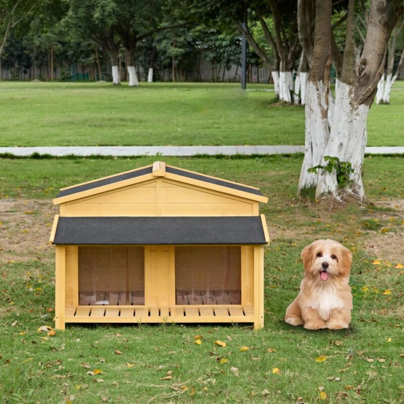 Wooden Dog House with Porch, Log Cabin Style, Outdoor & Indoor Waterproof Dog Shelter, Elevated Floor, Double Door Kennel with Windproof Curtains, Pine Wood Construction, Customizable Space (Natural) - Image 2