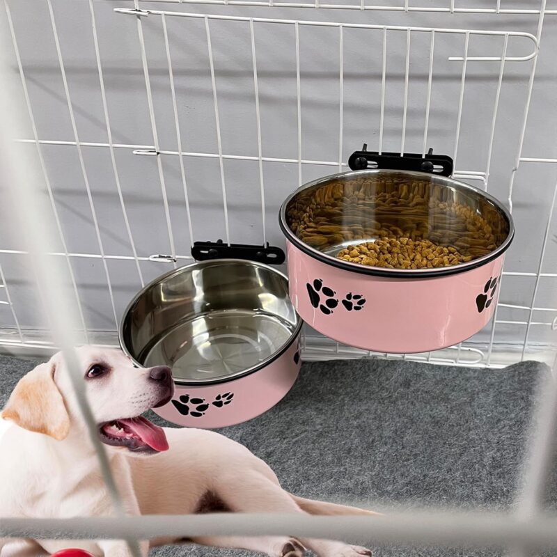 Dog Crate Food and Water Bowl 2Pcs Small Pet Hanging Kennel Removable Water Dish Feeding Cup No Spill with Holder for Medium Large Size Dog Puppy (Pink, 5.5''X2.3''&6.3‘’X2.5'') - Image 5