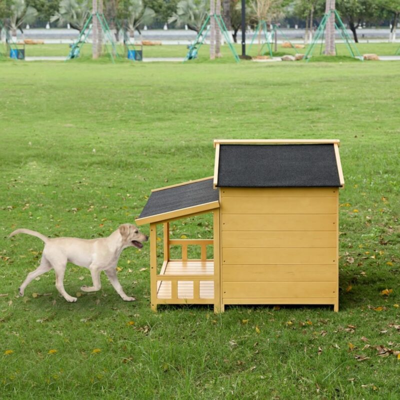 Wooden Dog House with Porch, Log Cabin Style, Outdoor & Indoor Waterproof Dog Shelter, Elevated Floor, Double Door Kennel with Windproof Curtains, Pine Wood Construction, Customizable Space (Natural) - Image 3