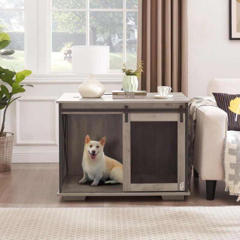 Farmhouse Dog Cage Crate Furniture with Sliding Barn Door, Wooden Dog Kennel End Table, Flip-Top Plate, Detachable Divider, Pet House for Small/Medium/Large Dogs,37"L x 22.24"W x 22.17"H (Gray Wash) - Image 4