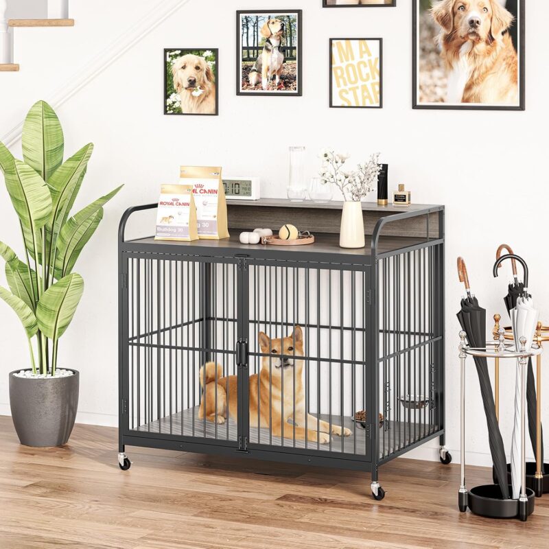 GAOMON Dog Crate Furniture, Dog Crate Indoor with Adjustable Height Bowls, Wooden Heavy Duty, 39.8 Inch Dog Kennel Furniture for Medium Dogs, 39.8" L X 22.5" W X 38.6" H,Grey - Image 2