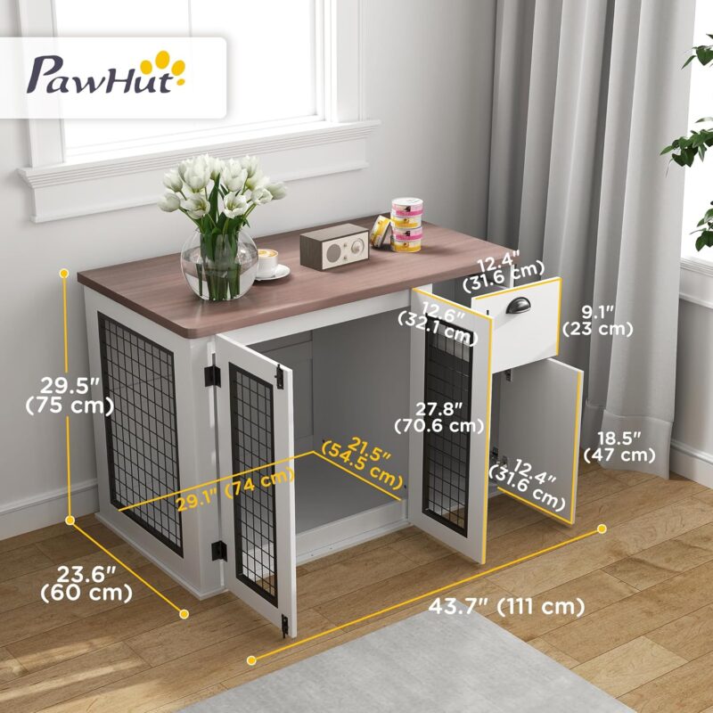 PawHut Dog Crate Furniture, 44" Dog Kennel Furniture End Table with Double Door, Storage, Drawer, Indoor Furniture Style Dog Cage for Medium Dogs, White - Image 3