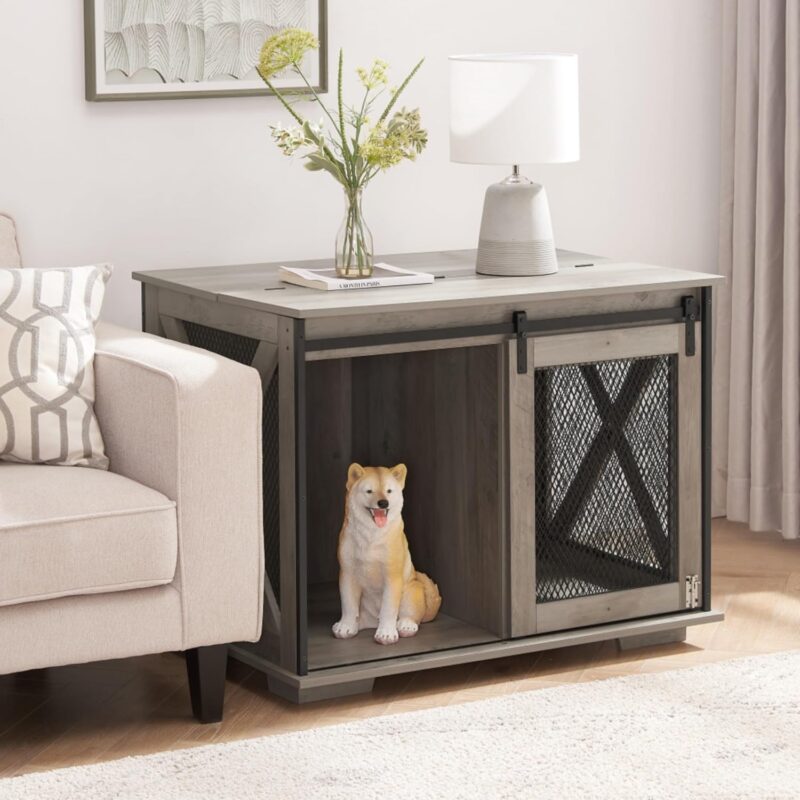 Farmhouse Dog Cage Crate Furniture with Sliding Barn Door, Wooden Dog Kennel End Table, Flip-Top Plate, Detachable Divider, Pet House for Small/Medium/Large Dogs,37"L x 22.24"W x 22.17"H (Gray Wash)