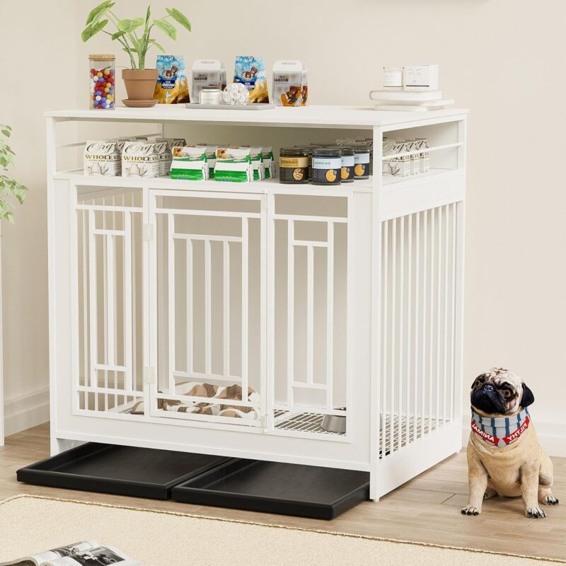 Large Wooden Dog Crate, Dog Crate Furniture for Large Dogs, Double Door Dog Kennel with Three Drawers Storages, Pet Crate Furniture Indoor Dog Crate Side End Table (White)