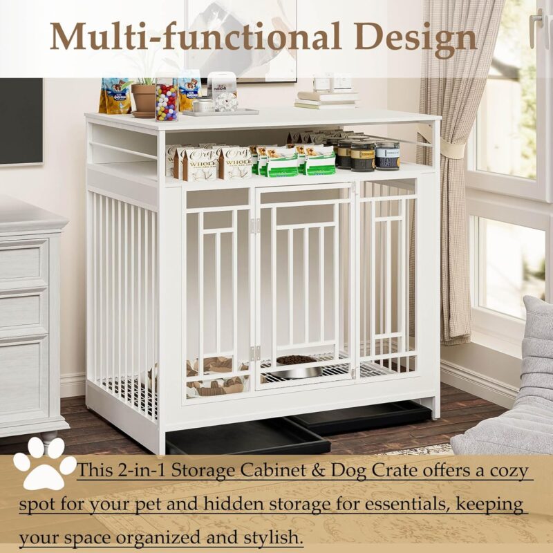 Large Wooden Dog Crate, Dog Crate Furniture for Large Dogs, Double Door Dog Kennel with Three Drawers Storages, Pet Crate Furniture Indoor Dog Crate Side End Table (White) - Image 4