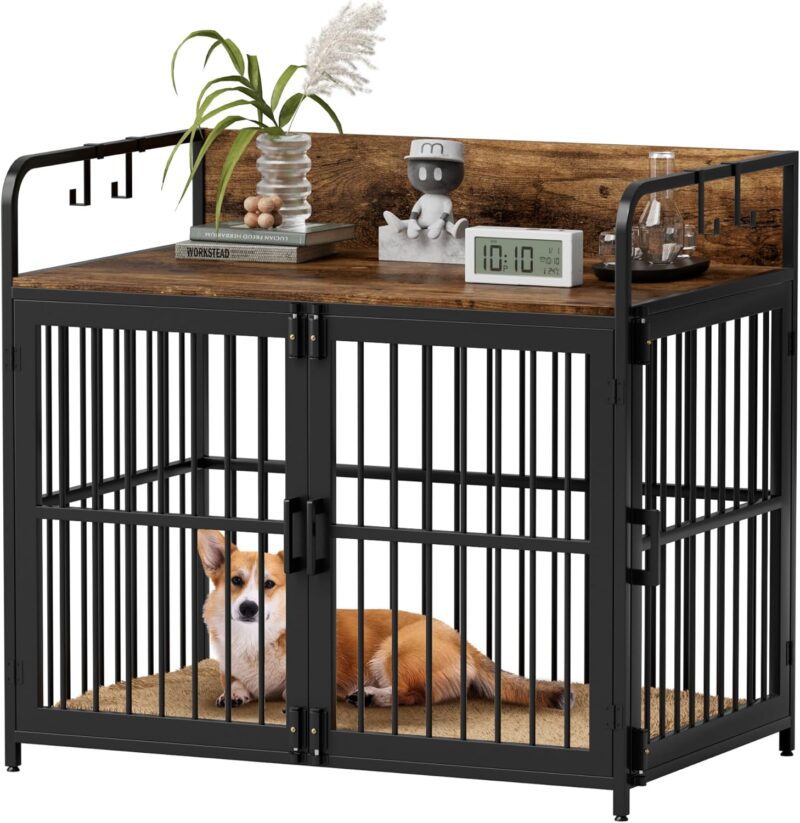 Dog Crate Furniture,37" Large Dog Crates for Medium & Small Dogs Heavy Duty Dog Kennel with Double Doors, Wooden Decorative Pet House Side End Table