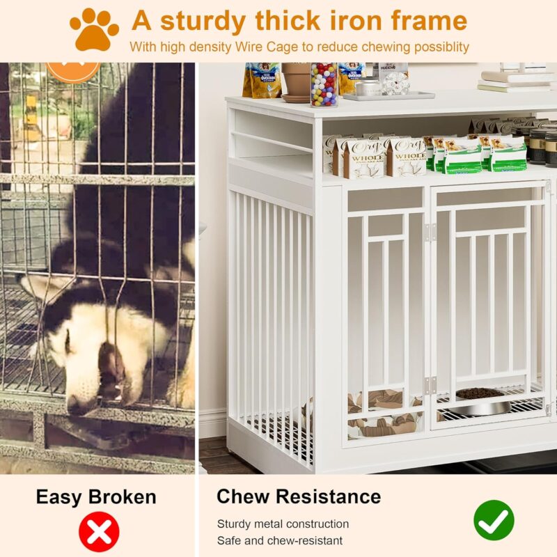 Wooden Dog Crate with Storage Shelves, Drawers and Cushion, White - Image 2
