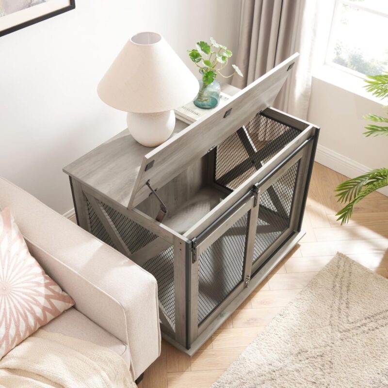 Farmhouse Dog Cage Crate Furniture with Sliding Barn Door, Wooden Dog Kennel End Table, Flip-Top Plate, Detachable Divider, Pet House for Small/Medium/Large Dogs,37"L x 22.24"W x 22.17"H (Gray Wash) - Image 3