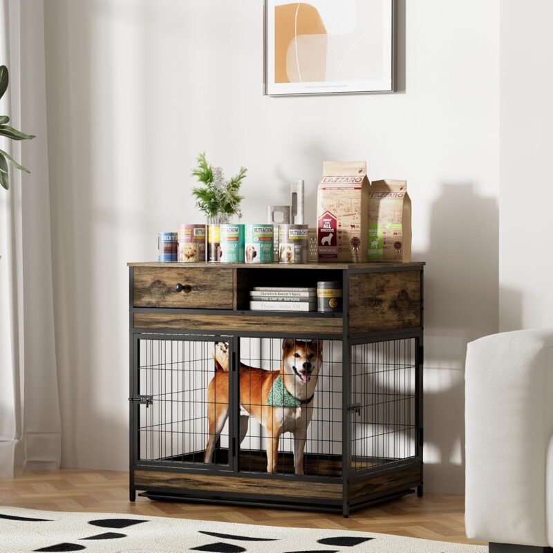 Dog Crate Furniture with Removable Tray, Wooden Dog Kennel Indoor with Double Doors, Dog House Side End Table for Small/Medium Dogs, Rustic Brown (Rustic Brown, 31.4" L x 22.6" W x 30.5" H)