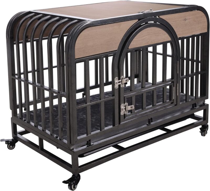 Dog Crate - 37in Heavy Duty. Furniture-Style Wood Pet Kennel with Removable Trays and Wheels. Gray Color - Image 6