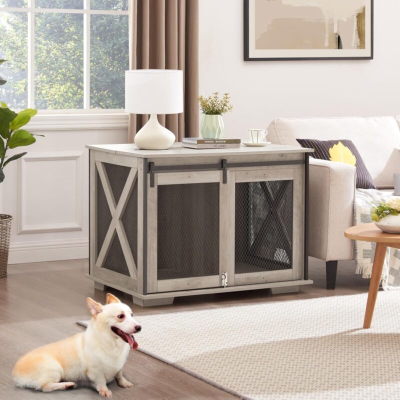 Farmhouse Dog Cage Crate Furniture with Sliding Barn Door, Wooden Dog Kennel End Table, Flip-Top Plate, Detachable Divider, Pet House for Small/Medium/Large Dogs,37"L x 22.24"W x 22.17"H (Gray Wash) - Image 7