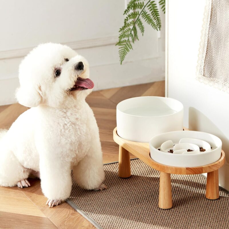 Ceramic Slow Feeder Dog Bowl and Water Bowl Set for Medium and Large Breed, Ceramic Dog Bowls Elevated with Wooden Stand, 2.0 Cups Dog Slow Feeder(30oz) and 70oz Water Bowl Set, White - Image 2