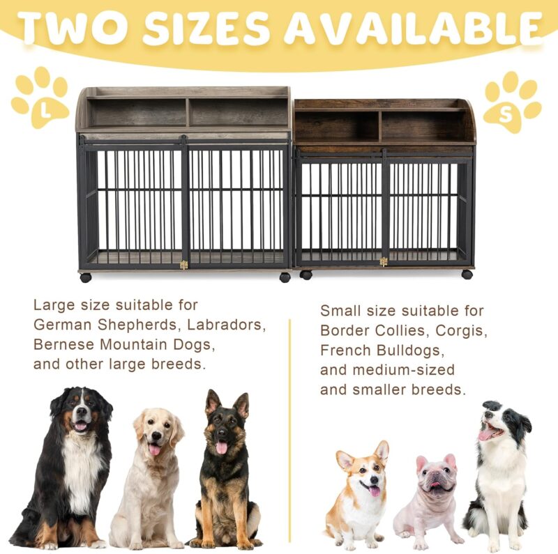 Heavy-Duty Large Dog Crate Furniture for Medium Large Dogs with Lockable Wheels, Steel Dog Kennel with Sliding Barn Door, and End Table Crate Design with Double-Layer Storage on Top (Brown,38'') - Image 4