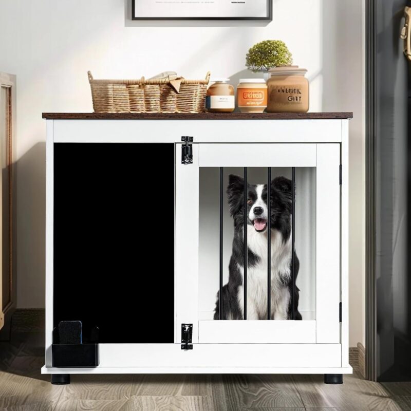 Wood Dog Crate with Graffiti Board Double Doors and Chewable Indoor Dog Crate for Be Used as TV Stand, Display Stand, Side Table, White - Image 5