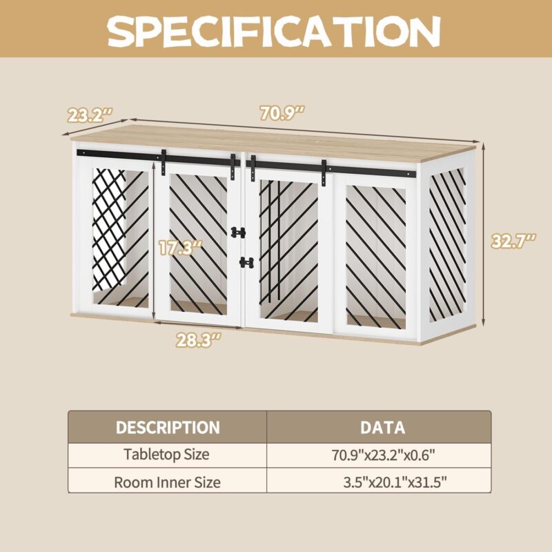 Dog Cage Furniture, 71" Dog Crates for 2 Dogs, Furniture Dog Crate, Multi-Functional Dog House, Modern Dog Crate Enclosure Funiture for Large Medium Dog, Dual Dog Crate Furniture, White - Image 3