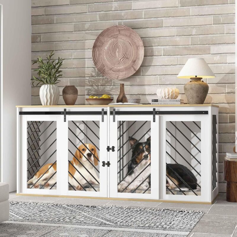 Dog Cage Furniture, 71" Dog Crates for 2 Dogs, Furniture Dog Crate, Multi-Functional Dog House, Modern Dog Crate Enclosure Funiture for Large Medium Dog, Dual Dog Crate Furniture, White - Image 6