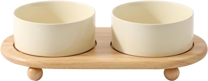 Ceramic Elevated Dog Bowls, Food and Water Bowls for Dogs, Puppy, Raised Dog Dish, Dog Feeder(6inch, 2 x Beige + Stand)