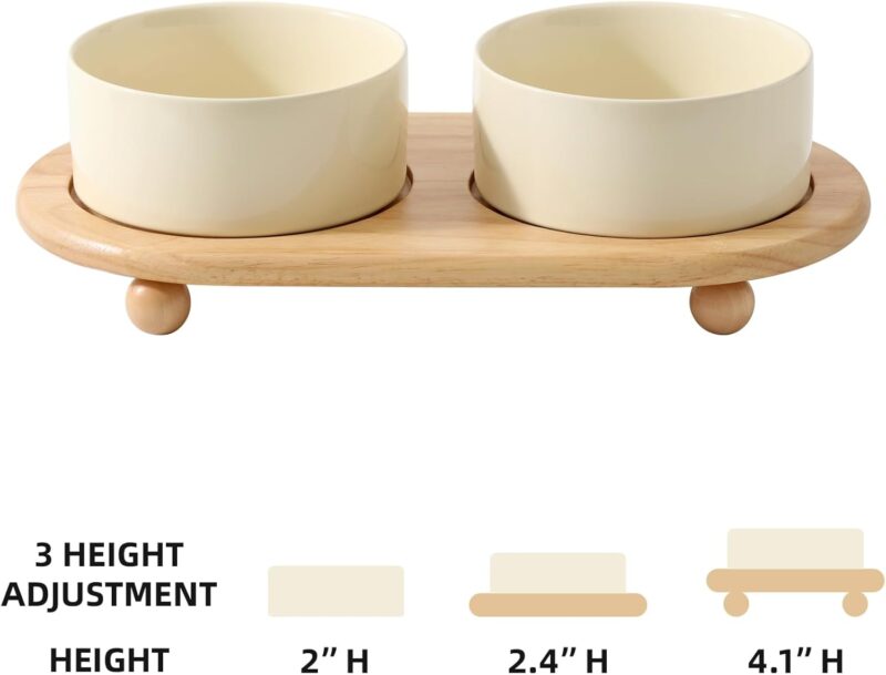 Ceramic Elevated Dog Bowls, Food and Water Bowls for Dogs, Puppy, Raised Dog Dish, Dog Feeder(6inch, 2 x Beige + Stand) - Image 2