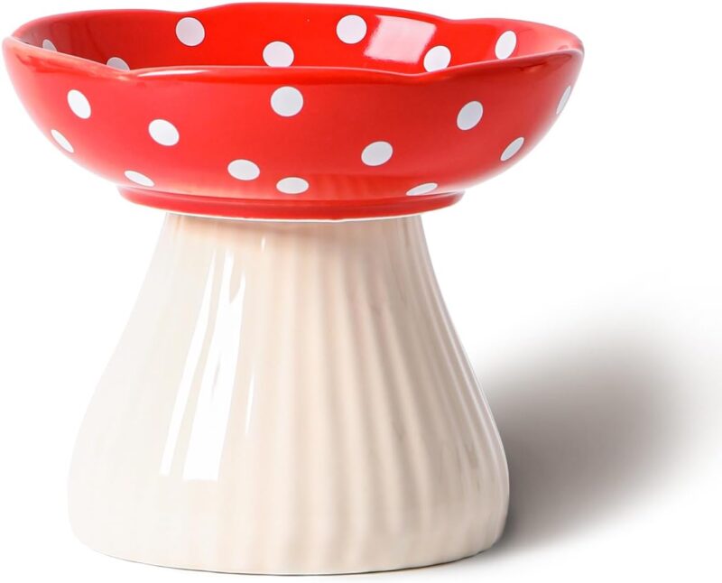 Mushroom Raised Cat Bowl, Cute Polka Dot Safety Ceramic Elevated Cat Bowl. Food Water Bowls for Cat, Small Dog. (Red)