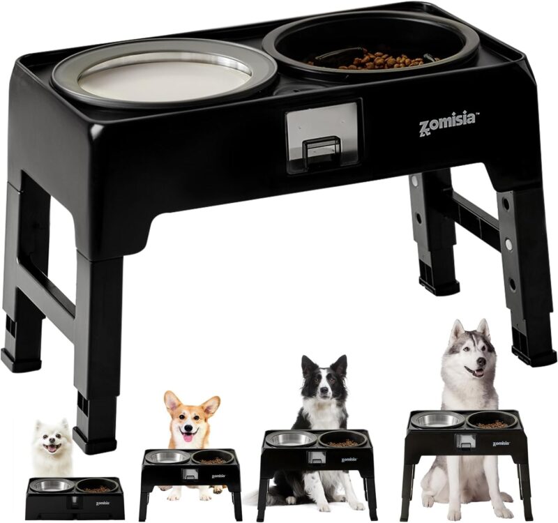 Elevated Dog Bowls, Slow Feeder Food Bowl & Large No-Spill Water Bowl 68oz with Water Collection, 4 Heights Adjustable to 13.4" with Stand for Small Medium Large Dogs