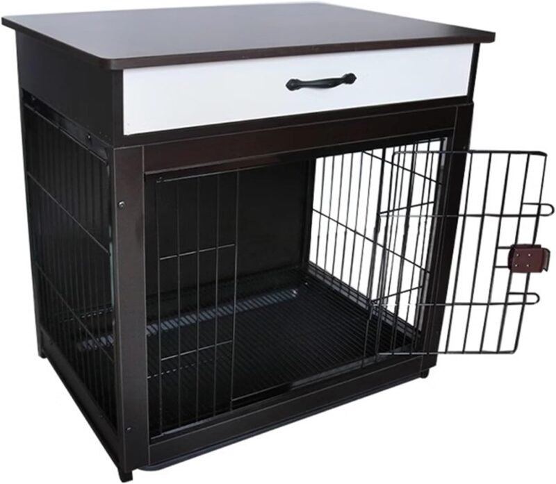 Wooden Pet Crate, Indoor Furniture Dog Crate with Drawers, Dog Crate with Sliding Tray on The Bottom and Storage Table on The Top, Easy to Assemble for Small and Medium Dogs(Black Walnut,Medium)