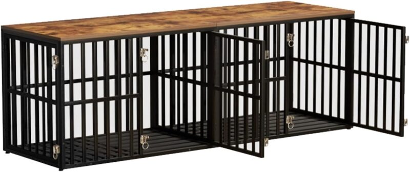 Dog Crate Furniture, Dog Crate with Removable Dividers, 76-Inch Wooden Dog Crate, Heavy Duty Wooden Dog Kennel with 4 Doors + Adjustable Feet for Large Medium Dogs