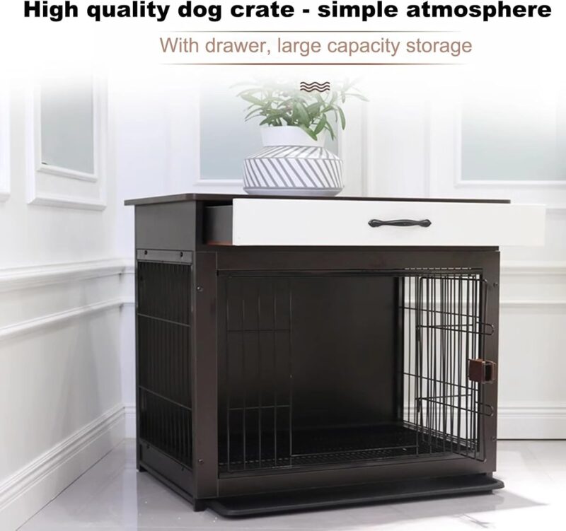 Wooden Pet Crate, Indoor Furniture Dog Crate with Drawers, Dog Crate with Sliding Tray on The Bottom and Storage Table on The Top, Easy to Assemble for Small and Medium Dogs(Black Walnut,Medium) - Image 5