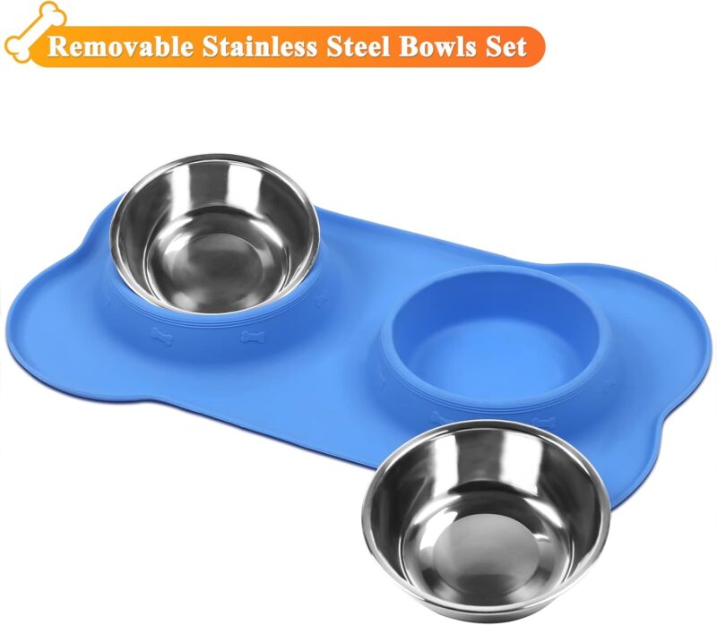 VIVAGLORY Dog Bowls, Dog Food Bowls, Stainless Steel Cat Puppy Water Bowls with Non Spill Skid Resistant Silicone Mat, Medium, Blue - Image 4