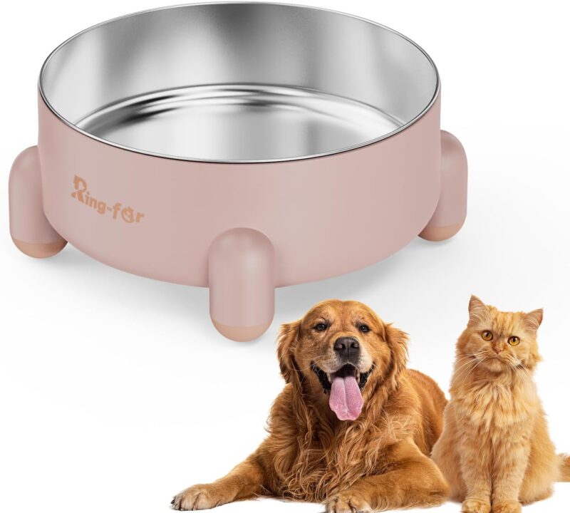 Dog Bowl, Stainless Steel Dog Bowl,Dog Cat Food Water Bowl, Tetrapod Nonslip Rubber Bottom Design,201Stainless Steel Material,Prevent Feline Acne in Cats (24OZ, Pink, Tetrapod)