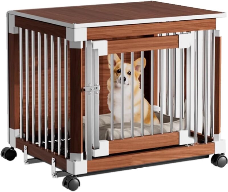 Dog crate with tray, wooden dog crate, dog slatted furniture with wheels, multifunctional side table, reinforced and encrypted frame, stainless steel latches, suitable for anywhere indoors(Walnut,72cm