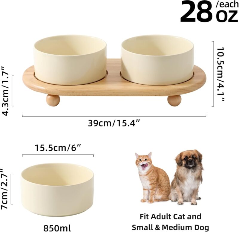 Ceramic Elevated Dog Bowls, Food and Water Bowls for Dogs, Puppy, Raised Dog Dish, Dog Feeder(6inch, 2 x Beige + Stand) - Image 4