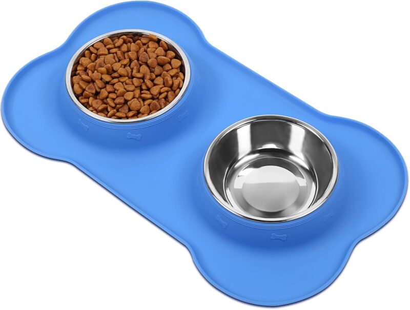 VIVAGLORY Dog Bowls, Dog Food Bowls, Stainless Steel Cat Puppy Water Bowls with Non Spill Skid Resistant Silicone Mat, Medium, Blue