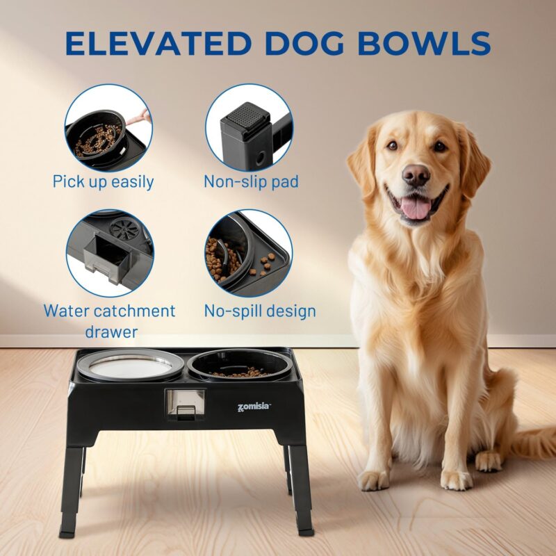 Elevated Dog Bowls, Slow Feeder Food Bowl & Large No-Spill Water Bowl 68oz with Water Collection, 4 Heights Adjustable to 13.4" with Stand for Small Medium Large Dogs - Image 5