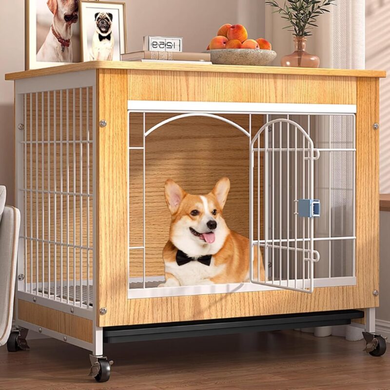 Medium Dog Crate, Dog Crate Table with 360° Silent Wheels and Tray, Wooden Dog Crate, Dog Crate Furniture, Spacious Tabletop, Storage at Your Disposal, Suitable for Small/Medium-Sized Dogs(Large) - Image 3