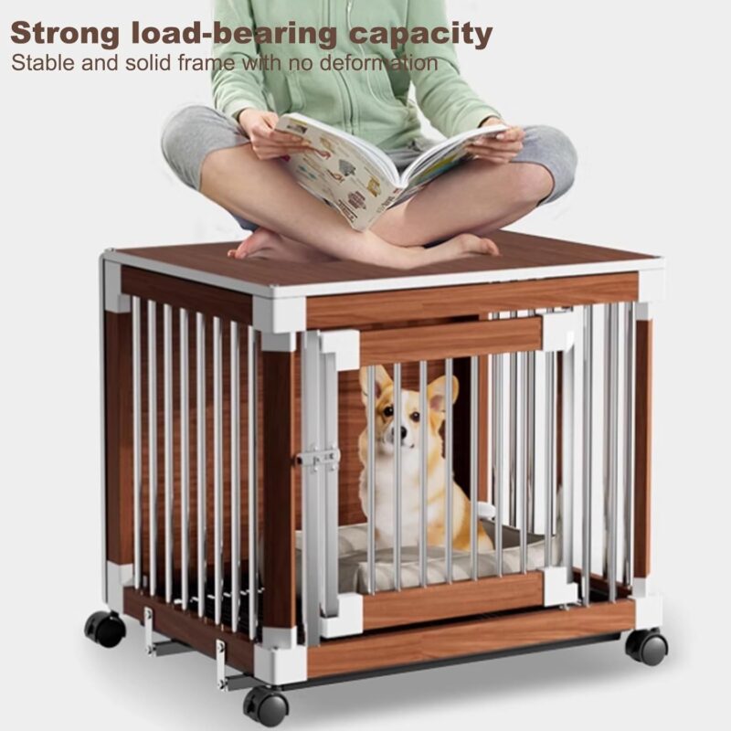 Dog crate with tray, wooden dog crate, dog slatted furniture with wheels, multifunctional side table, reinforced and encrypted frame, stainless steel latches, suitable for anywhere indoors(Walnut,72cm - Image 6