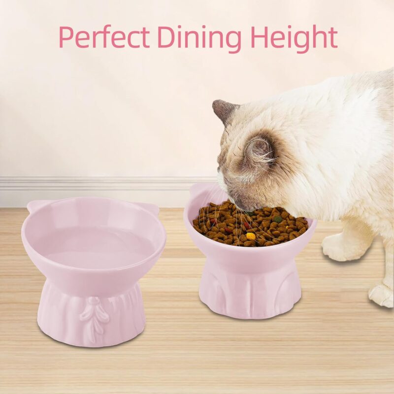2Pcs Ceramic Elevated Cat Bowls, Extra Wide Raised Cat Bowls for Food and Water, Shallow Cat Food Dish Whisker Friendly, Anti Vomit Cat Bowl Microwave and Dishwasher Safe, Great Height for Cat (Pink) - Image 4