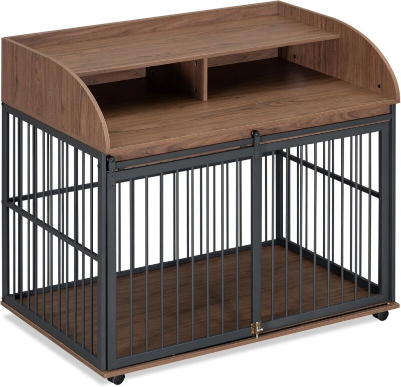 Heavy Duty Large Dog Crate Furniture, 44 Inches, with Lockable Wheels, Wooden Dog Kennel, End Table Crate with Double Layer Storage, Gray (Brown, 44in) - Image 7