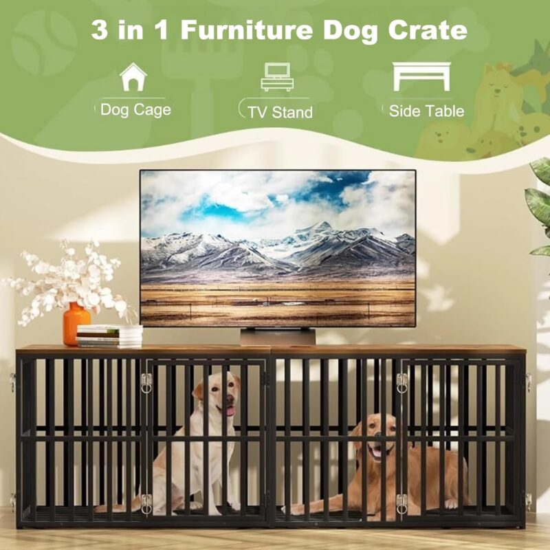 Dog Crate Furniture, Dog Crate with Removable Dividers, 76-Inch Wooden Dog Crate, Heavy Duty Wooden Dog Kennel with 4 Doors + Adjustable Feet for Large Medium Dogs - Image 5