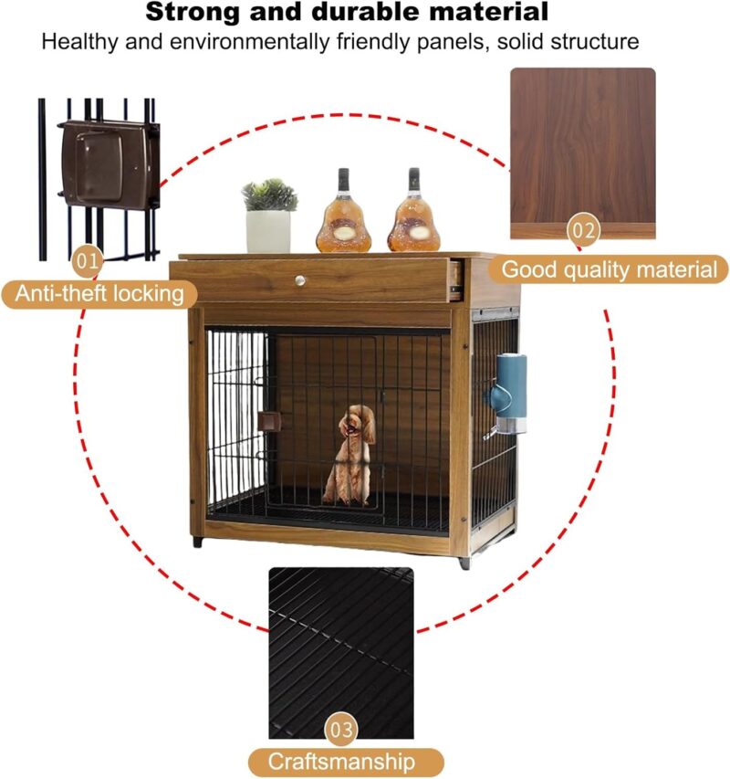 Wooden Pet Crate, Indoor Furniture Dog Crate with Drawers, Dog Crate with Sliding Tray on The Bottom and Storage Table on The Top, Easy to Assemble for Small and Medium Dogs(Black Walnut,Medium) - Image 7