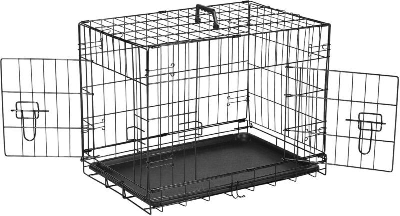 Dog Crate with Divider Panel,24 Inch Double Door Folding Metal Wire Dog Cage with Plastic Leak-Proof Pan Tray, Pet Kennel for Indoor