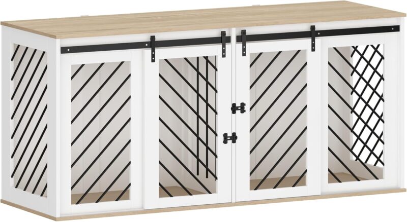 Furniture Dog Crate,Heavy Duty Wooden Dog Cage Kennel with a Removable Divider & Sliding Doors,71" Indoor Furniture Style Dog Crate Table,Dog House for Large Medium Small Dogs,White - Image 8