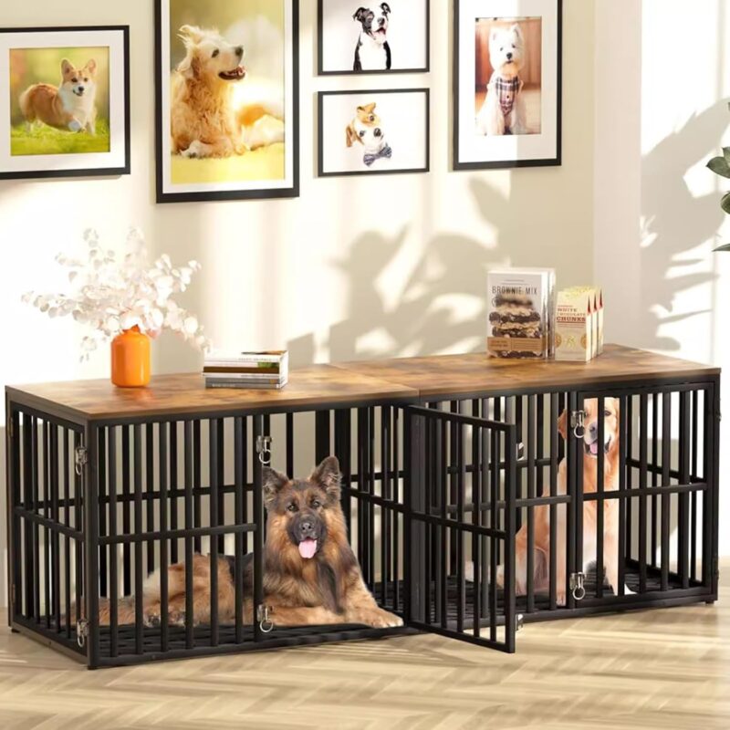 Dog Crate Furniture, Dog Crate with Removable Dividers, 76-Inch Wooden Dog Crate, Heavy Duty Wooden Dog Kennel with 4 Doors + Adjustable Feet for Large Medium Dogs - Image 3